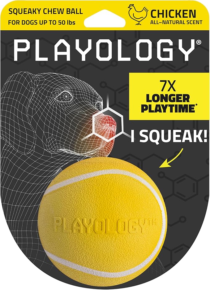 Playology Dog Toys | Squeaky Chew Ball for Dogs | Chicken Scented Medium Dog Ball | Bouncy Floating Chew Toys for Fetch