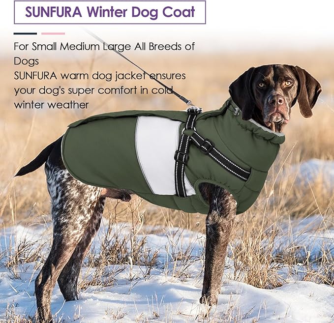 Dog Jacket, Large Dog Coat with Harness Built in, Warm Pet Winter Jacket Zippered Snow Coat with Furry Collar, Waterproof Fleece Snowsuit for French Bulldog, Army Green L