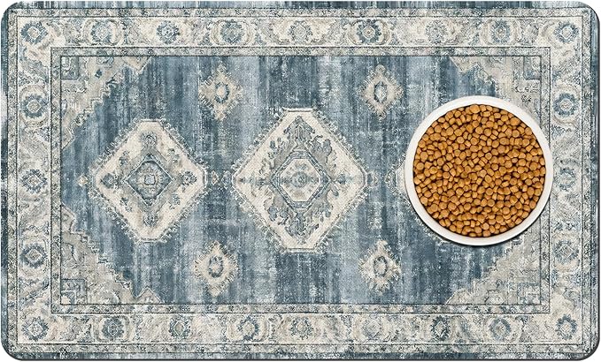 Pet Dog Cat Food Mat, Non Slip Bowl Mats for Food and Water, Absorbent Boho Dogs Cat Feeding Mat Puppy Pet Placemats for Floors Indoor Pets Accessories Supplies 17 * 30 inch, Retro Blue