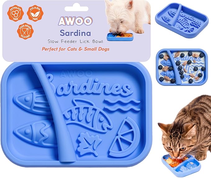 Awoo Sardina - Silicone Lick Mat + Slow Feeder for Cats & Small Dogs - Non-Slip Design with Suction Cups - Dishwasher Safe Pet Dish - Extends Mealtime and Reduces Anxiety - for Wet & Dry Food (Cobalt)