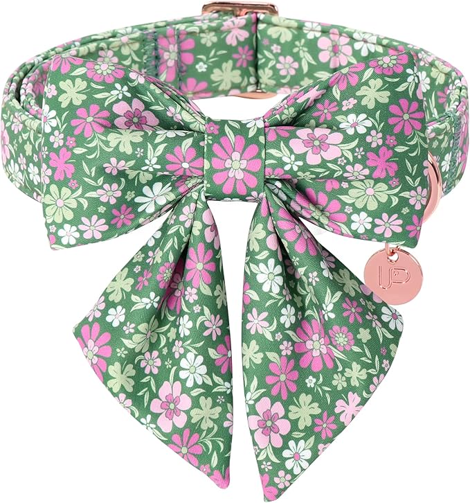 St. Patrick's Day Dog Collar with Bow Tie, Lucky Shamrock Bowtie Collar Adjustable for Girl Boy Dog, Trefoil Dog Collar Durable, Spring Green Collar for Dogs, XL