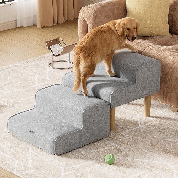 PakaLife Foldable 2-in-1 Dog Ramp Ottoman, Solid Wood Dog Steps for Bed & Couch, Washable Cover, 135lb Capacity, for Small, Senior Dogs & Old Cats to Get on Bed