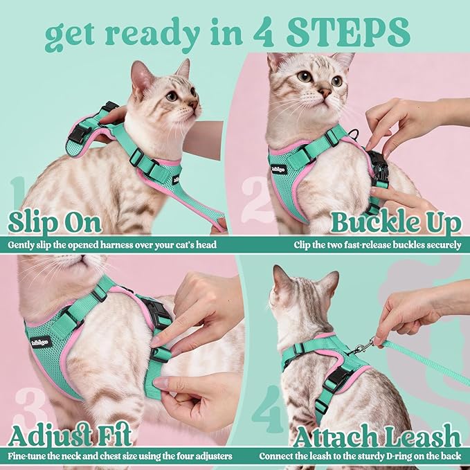 rabbitgoo Cat Harness and Leash Set, Escape Proof Vest Harness for Safe Outdoor Walks, Soft Breathable Adjustable Vest with Reflective Strips for Small and Average Cats, Green & Pink, S