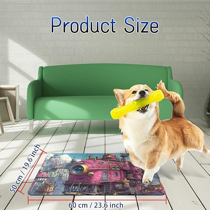 Dog Food Mat, 19.6" x 23.6" Absorbent Pet Feeding Mat for Food and Water, Waterproof Diatom Mud Pet Placemat with Non-Slip Rubber Backing, Cat Bowl Mat for Floors - Pink Train Chimney