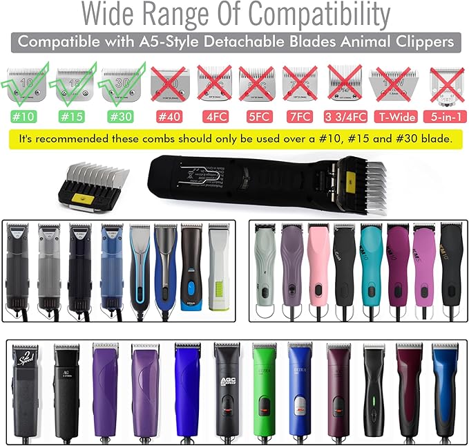 Professional A5-Style Animal Clipper Stainless Steel Color-Coded Snap-on Attachment Guard Guide Comb, 1/8"-1" Compatible with Wahl KM Series Oster A5 Andis Detachable Blade Pet Dog Groomers (#5-5/8")