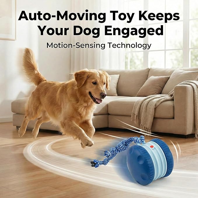 Interactive Cat Dog Toy Funny Automatic Moving Rolling Dog Toys with Rope for Small Medium Large Dogs Cats Rechargeable Puppy Toys Pet Ball to Keep Them Busy (Blue)