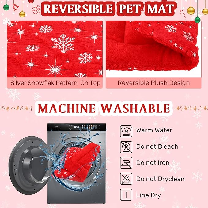 2 Pack Winter Self Warming Cat Mat Snowflake Red Self Heating Pad Bed 22" x 18" Reversible Reflects Body Heat Machine Washable Thermal Pet Blanket for Winter Indoor Pet Kitten Dog Crate