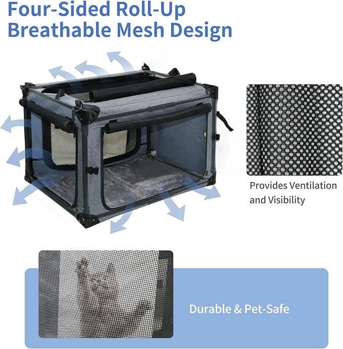 NEZUC Soft Collapsible Dog Crate - 36 Inch Portable Soft Sided Travel Dog Crates for Large Dogs, 4-Door Foldable Dog Carrier, Pet Kennel Indoor & Outdoor (Gray, 36.0" L x 22.0" W x 22.0" H)