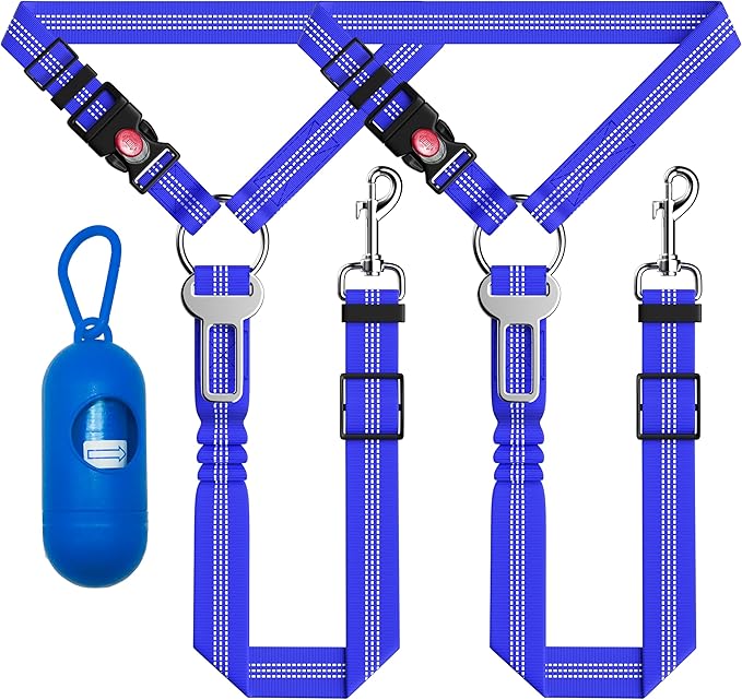 Seyezo Dog Car Seat Belt - 3 Piece Set Retractable Harness, Adjustable Reflective Seatbelt for Vehicle Headrests, Safety Restraint Heavy Duty & High Elastics, Navy Blue