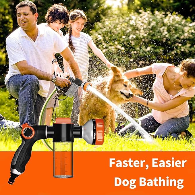 Premium Dog Washing Hose Attachment, 8-Pattern Dog Bath Sprayer, Easy-Control Hose Nozzle with Soap Dispenser for Garden, Pet Shower and Car Wash