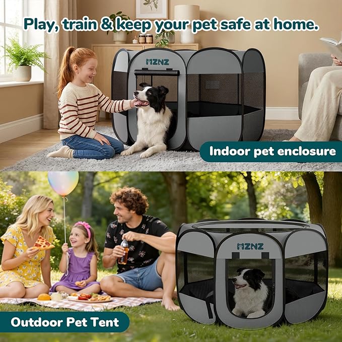 Dog Playpen, Portable Puppy Pet Crate Indoors for Small/Medium/Large Dogs Cats Rabbits, Foldable Dog Cage Enclosure for Outdoor, Pop Up Dogs Tent Kennel with Carrying Case, Whole Grey