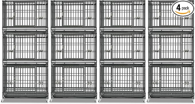 Homey Pet 4 Pack Three Tiers 37 Inch Dog Crate, Escape Proof Dog Cage Kennel Indoor with Top Access and Lockable Wheels, Removable Tray, Heavy Duty Dog Crates for Medium/Small Dogs
