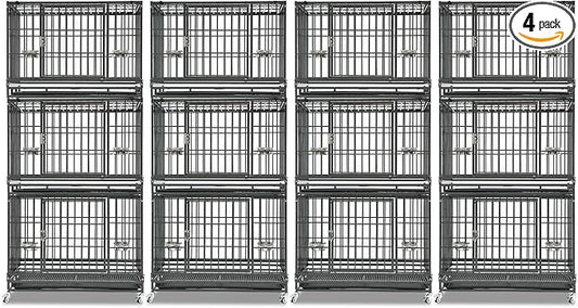 Homey Pet 4 Pack Three Tiers 37 Inch Dog Crate, Escape Proof Dog Cage Kennel Indoor with Top Access and Lockable Wheels, Removable Tray, Heavy Duty Dog Crates for Medium/Small Dogs
