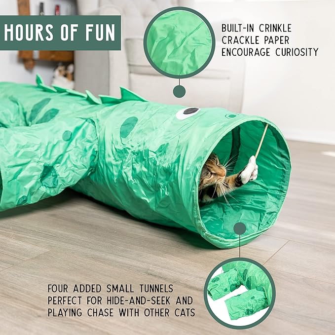 Pet Craft Supply Dizzy Dino Multi Cat Tunnel Boredom Relief Toys with Crinkle Feather String for Dogs, Cats, Rabbits, Kittens and Guinea Pigs for Hiding Hunting and Resting (8754)