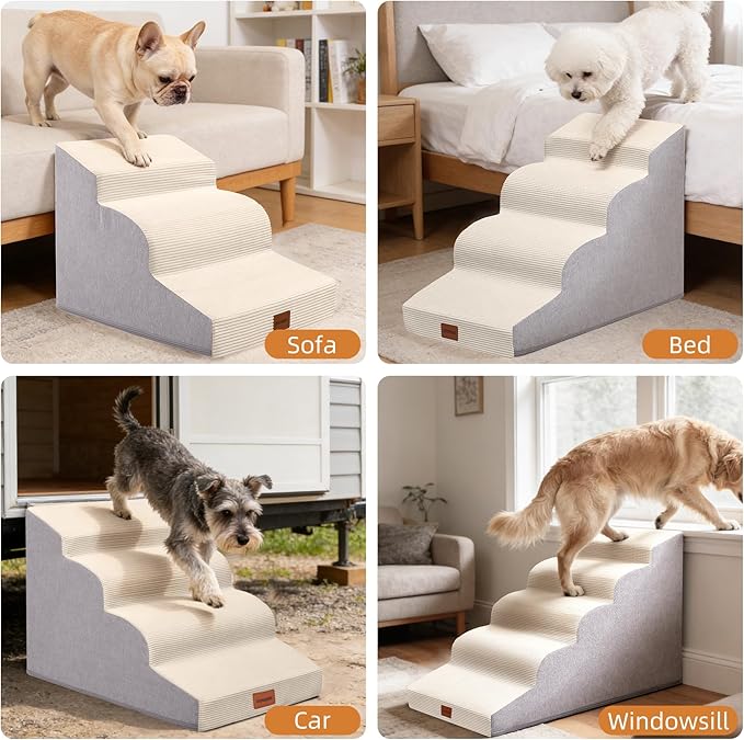Dog Stairs for Small Dogs and Cats, 19.7" H, 4-Step Curved Pet Ramp for Beds or Couches, Non-Slip Medium Pet Steps with High Density Foam, Beige