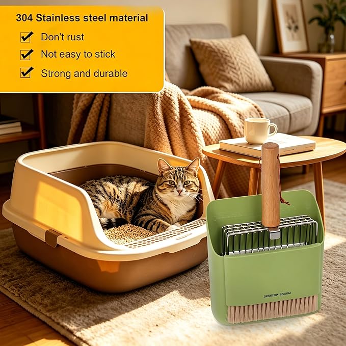 Dreamoon Cat Litter Scoop with Holder, Heavy Duty Stainless Steel Kitty Litter Scooper with Coarse and Fine Mesh, Includes Broom and Dustpan Set, Quick Sift and Easy Clean, Green