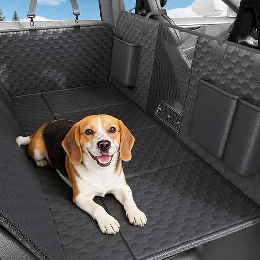 Dog Car Seat Cover for Back Seat Waterproof Oxford Fabric, Hard Bottom Seat Extender, Scratchproof, Anti-Slip, Dog Hammock for Car with Mesh Window, Fit Full Size Truck, Black