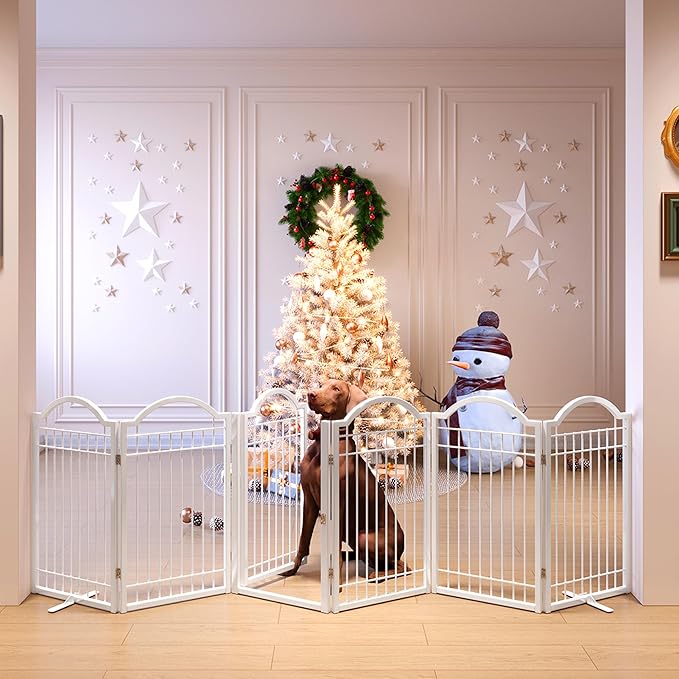 BHG Metal No-Assembly Freestanding Dog Gate with Door Walk Through, Extra Wide 120", Extra Tall 30" Pet Gate, Accordion Puppy Folding Playpen Dog Fence for Indoor & Outdoor, with 2PCS Support - White
