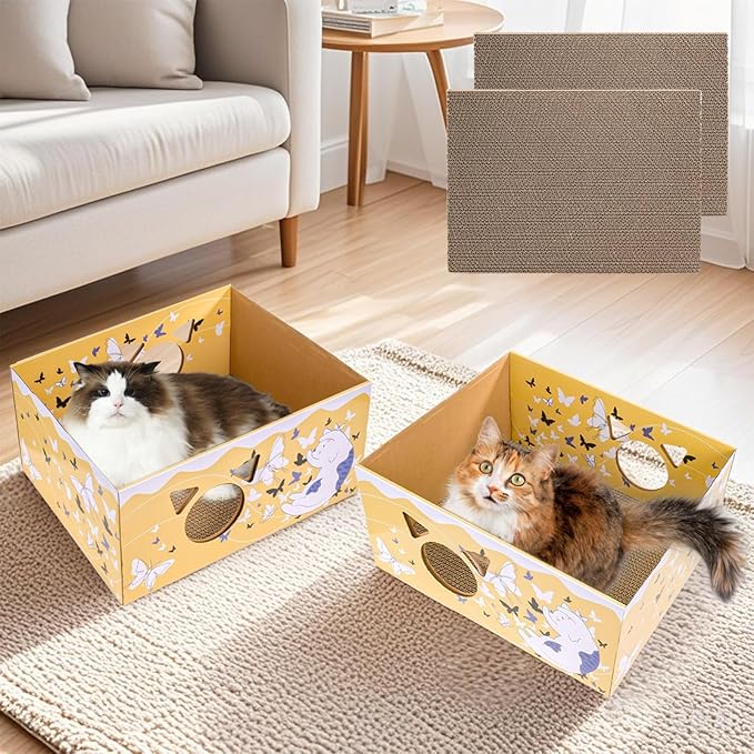 Tlence 2 Pack Cardboard Cat Scratcher Box, Butterfly Pattern Cat Hideaway House with Double-Sided Scratch Pads, 16.5 Inch Heavy Duty Large Cat Bed Lounger for Indoor Cats