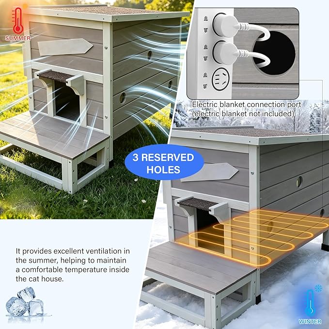 Rockever Heated Cat House for Outside Cats in Winter, Large Heated Cat Houses with Heating Pad, Wooden Outside Cat Shelter Weatherproof with Escape Door