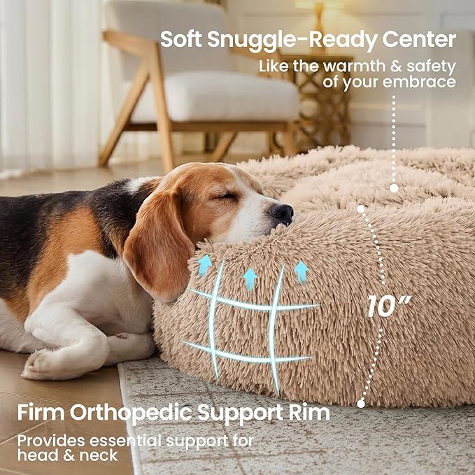 JOLLYVOGUE Calming Dog Beds Extra Large Sized Dog, 45in Donut Washable Large Pet Bed, Anti-Slip & Anti-Anxiety Fluffy Faux Fur Round Dogs Bed, Fits up to 125 lbs Pets (Camel)