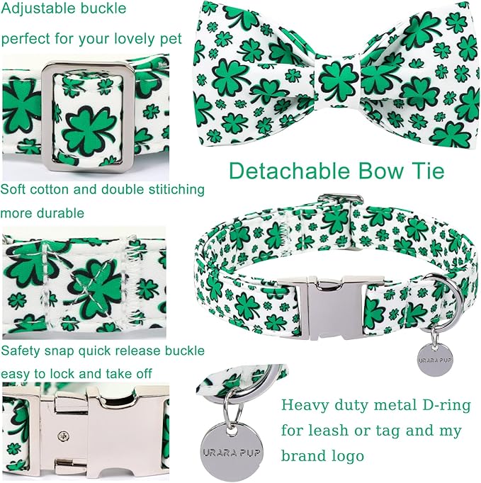 St. Patrick's Day Dog Collar with Bow Tie, Spring Shamrock Bowtie Collar for Girl Boy Dog, Lucky Clover Dog Collar with Metal Buckle, Green Collar for Dogs, XS