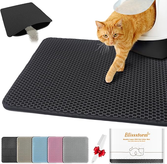 Waterproof Cat Litter Mat, Double Layer EVA, Odor-Free Large Grid, Urine Proof, Easy Cleanup (Black, 16 x 20)