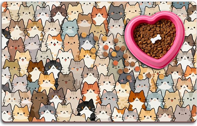 Cute Cat Food Mat 20 x 12 Inch Cartoon Pattern Non Slip Design, Pet Feeding Mat Absorbent Quick Dry Washable Rectangle Bowl Placemat Rug Protect Floors for Cat Dog Food Water Area Home Use