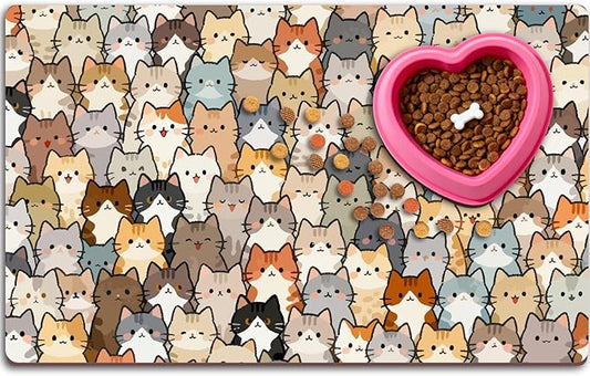 Cute Cat Food Mat 20 x 12 Inch Cartoon Pattern Non Slip Design, Pet Feeding Mat Absorbent Quick Dry Washable Rectangle Bowl Placemat Rug Protect Floors for Cat Dog Food Water Area Home Use