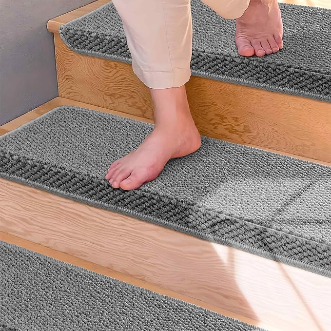 Brakki Bullnose Carpet Stair Treads, Non Slip Stair Treads for Wooden Steps Indoor, Stair Runner, Soft Stair Rugs for Pets, Edging Stair Protectors, Washable, 29.5"x9.5"x1.5" 7pcs, Grey