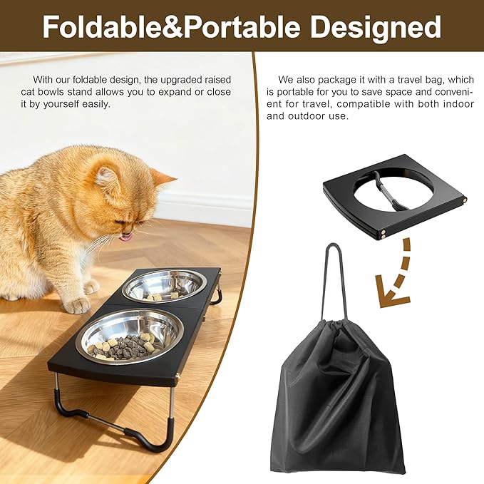 Elevated Cat Bowls with Foldable Stand, Height Adjustable Metal Raised Dog Cat Feeder with 2 Stainless Steel Bowls, Non-Slip Tilted Food Water Bowls for Cats and Small Dogs