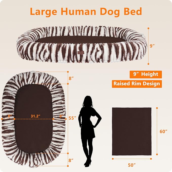 Human Dog Bed for Adult, Reversible Orthopedic Gel Memory Foam Cushion, Washable Corduroy Fleece, Plump Edge with Blanket, Storage Pocket, Strap, 71"x47.2"x9", Extra Large, Tie-dye Brown