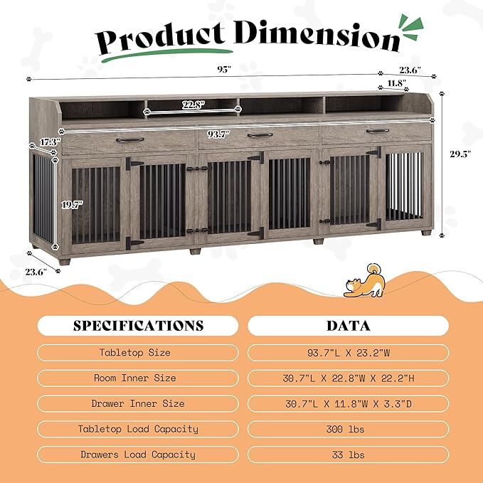 AMERLIFE 95" Large Dog Crate Furniture, Multi-Functional TV Stand with Storage Drawers & Removable Divider for Medium/Large Dogs, Grey