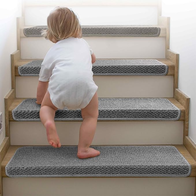 Brakki Bullnose Carpet Stair Treads, Non Slip Stair Treads for Wooden Steps Indoor, Stair Runner, Soft Stair Rugs, Edging Stair Protectors, Washable, 29.5"x9.5"x1.5" 14pcs, Grey