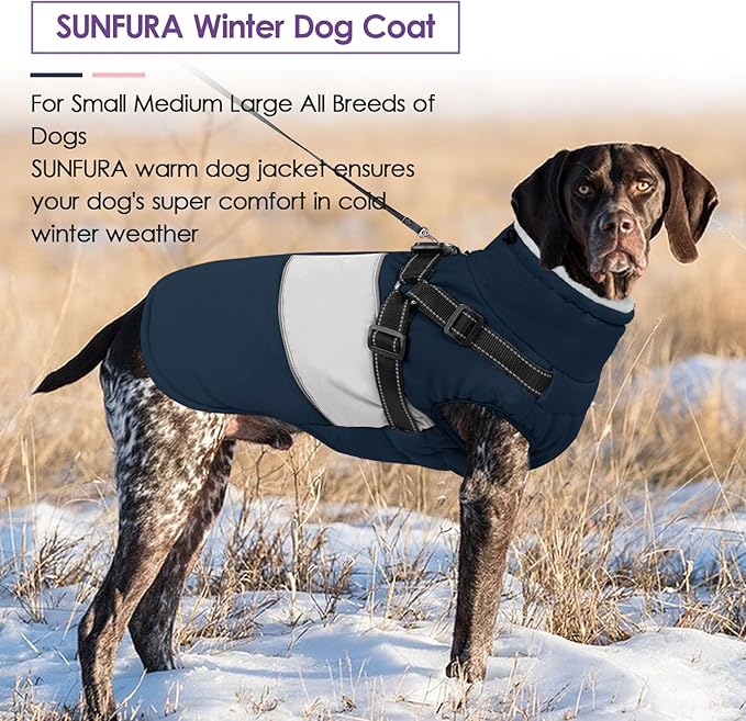 Dog Coat, XXXL Dog Jacket Winter with Harness Built in, Waterproof Pet Snow Jacket with Furry Collar for Chilly Day, Reflective Fleece Snowsuit for Extra Large Dogs, Navy Blue 3XL