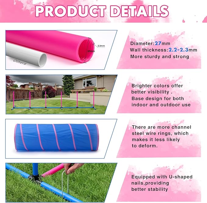 Dog Agility Course Backyard Set, Dog Agility Equipment, Pet obstacle Course Backyard with 6 Dual Mode Weave Poles, 2 Adjustable Hurdle, Jump Ring, Tunnel, Pause Box, Toy Balls and 2 Carrying Bags,Pink