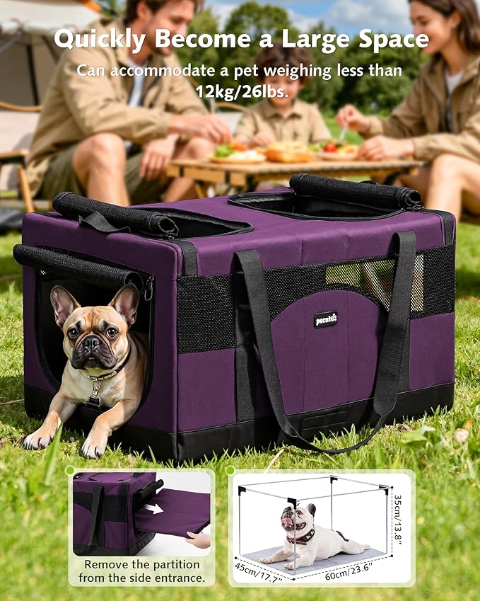 Pecute Dual Compartment Pet Carrier for Multi-Cat Families & Small Dog Owners, Collapsible Dog Crate with Reinforced Steel Frame, Car Safety Design for Travel, Vet Visits & Home Use, Purple