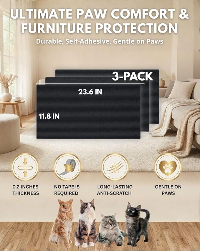 Corner & Wall Cat Scratch Mat, Self-Adhesive Trimmable Cat Scratcher, Wall Mounted Scratching Pad for Indoor Cats, Sofa Furniture Protector, Cat Post Cover Replacement (Black, 23.6''x11.8'', 3-Pack)