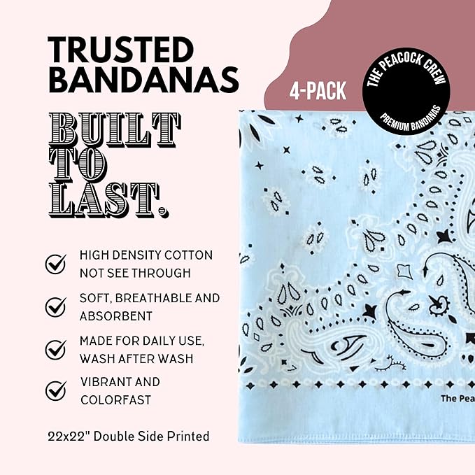The Peacock Crew Premium Soft Cotton Bandanas Pack for Men and Women Paisley 22 x 22 inches