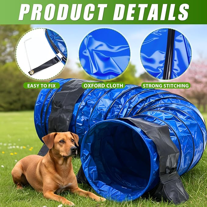 Briwooody 28 in 10 Foot PVC Dog Agility Tunnel with Sandbags Dogs Agility Training Equipment Tunnel with 2 Pack Sandbags, Carry Bag and 4 Ground Spikes for All Medium Large Dogs(Blue)