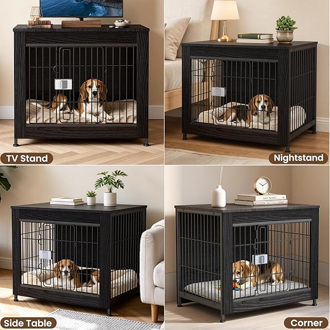 Wooden Dog Crate Furniture, 27in Dog Cage Furniture with Slide Safety Latch, Indoor Decorative End Table for High Anxiety Dogs, Furniture Style Dog Crate for Small to Medium Dogs, Black
