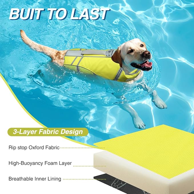 VIVAGLORY Sports Style Dog Life Vest, Dog Life Jacket for Swimming & Boating, Ripstop & Buoyancy for Puppy Doggy, Lifejacket with Handle, XL, Yellow Grey