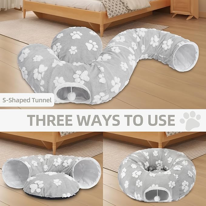 Homimp Cat Tunnel Bed with Central Mat,Large Tube Playground with Plush Ball Toy,Peekaboo Cat Cave with Washable Circle Cushion for Indoor Cats,Pop Up Bed HidePlace for Kitten Puppy Rabbit, Grey Paw