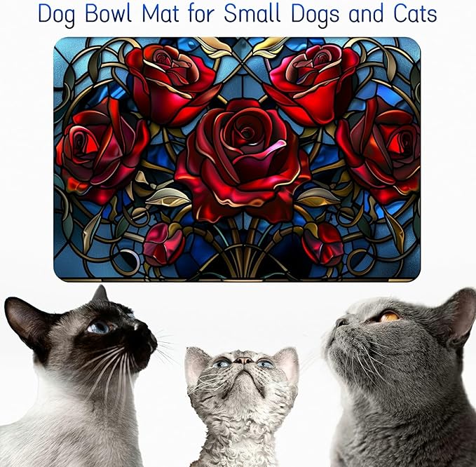 Dog Food Mat, 19.6" x 23.6" Absorbent Pet Feeding Mat for Food and Water, Waterproof Diatom Mud Pet Placemat with Non-Slip Rubber Backing, Easy Clean Cat Bowl Mat for Floors - Red Rose