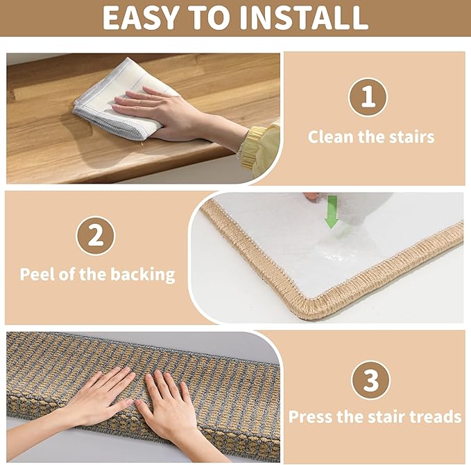 Brakki Bullnose Carpet Stair Treads, Stair Treads for Wooden Steps Indoor Runner and Pets, Non Slip Soft Edging Staircase Protectors, Washable, 29.5"x9.5"x1.5" 7pcs, Grey and Beige