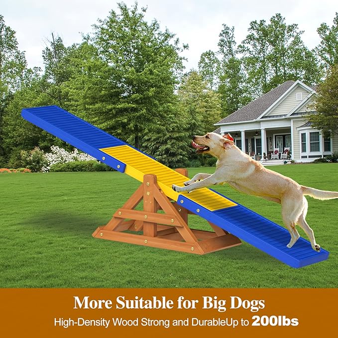 SuniBoxi 95" Wooden Dog Seesaw, Dogs Agility Course Backyard Set for Training and Exercise - Outdoor Big Dog Agility Equipment Practice See Saw