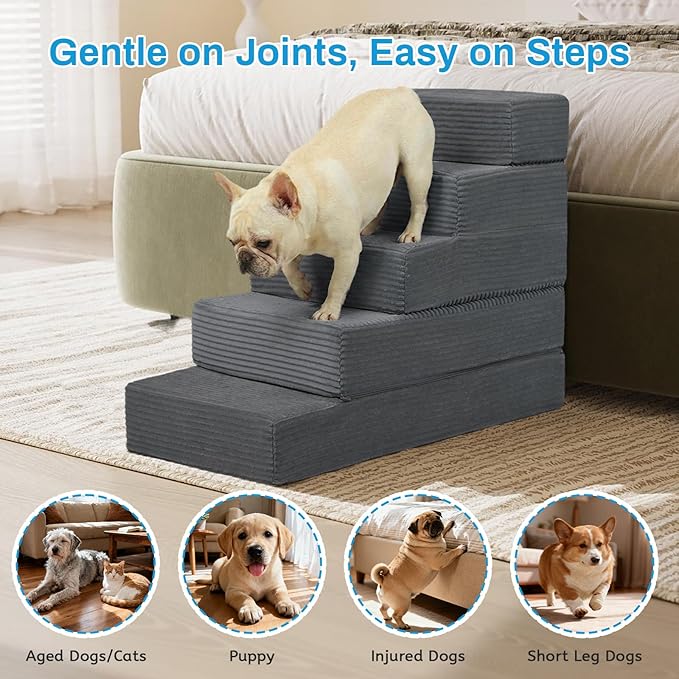 Dog Stairs for Small Dogs, 22" H Dog Steps for High Bed, 5 Steps 3 in 1 Foldable Pet Ramp for Large Cats Climb, Transformable Large Cats Ramp to Get on Couch, Non-Slip Balanced, Dark Grey