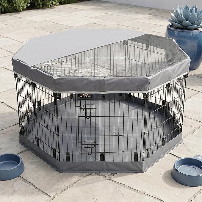 PJYuCien Octagonal Dog Playpen with Top Cover and Bottom Pad - Metal Foldable Exercise Pen, 8 Panels 30" H x 24" W Indoor Outdoor Pet Fence Puppy Crate Kennel, Gray