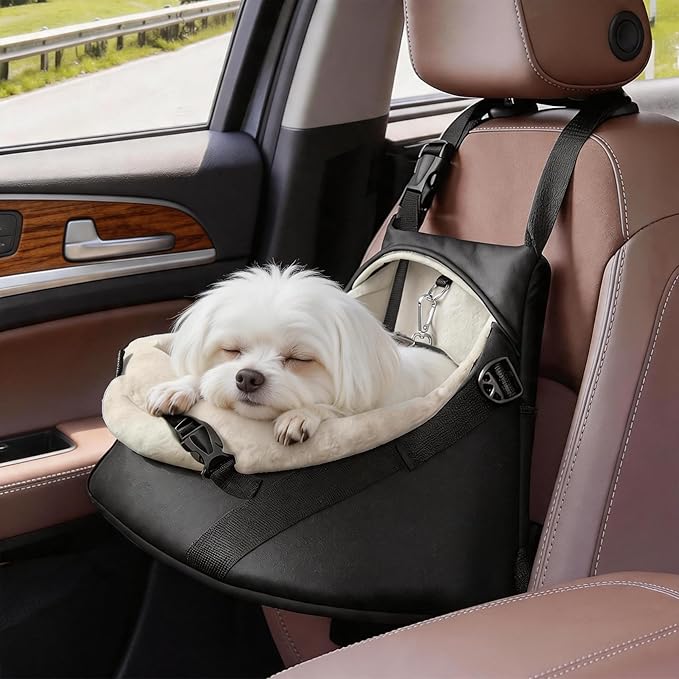 YUDODO Teacup Dog Car Seat – Designed for Tiny Dogs up to 7 lbs – Luxurious Vegan Leather Booster Seat for Chihuahua & Yorkie with Safety Belt & Soft Cushion, Black