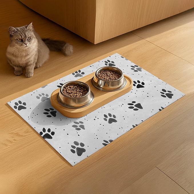HOMETITUTE 24x16 inch Non Slip Dog Food Mat Pet Bowl Placemat for Food and Water Small Dog Bowl Mats Cat Food Mat Easy to Clean Feeding Mats for Small Pets Paw Print Design